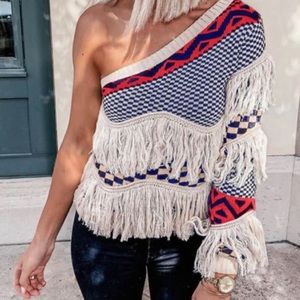 One sleeve fringe sweater